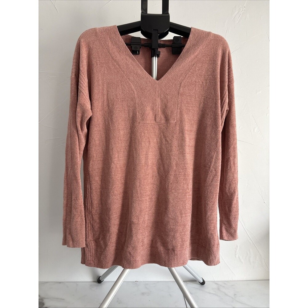Barefoot Dreams CozyChic Ultra Lite V-Neck Slit Hem Pullover Sweater Rose M